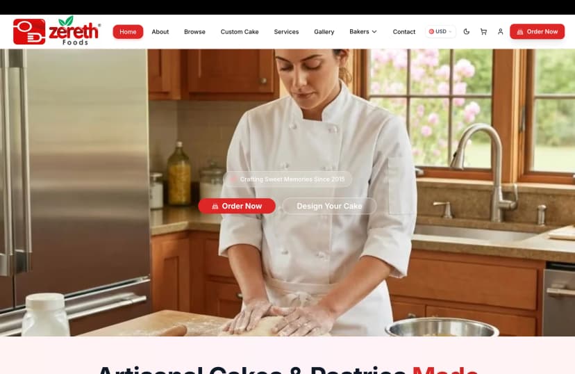 Zereths - Modern web platform for cake ordering, recipes, and bakery services with custom design options.